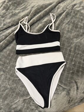 Beach Riot Black and White Ribbed Colorblock High-Waist Bikini